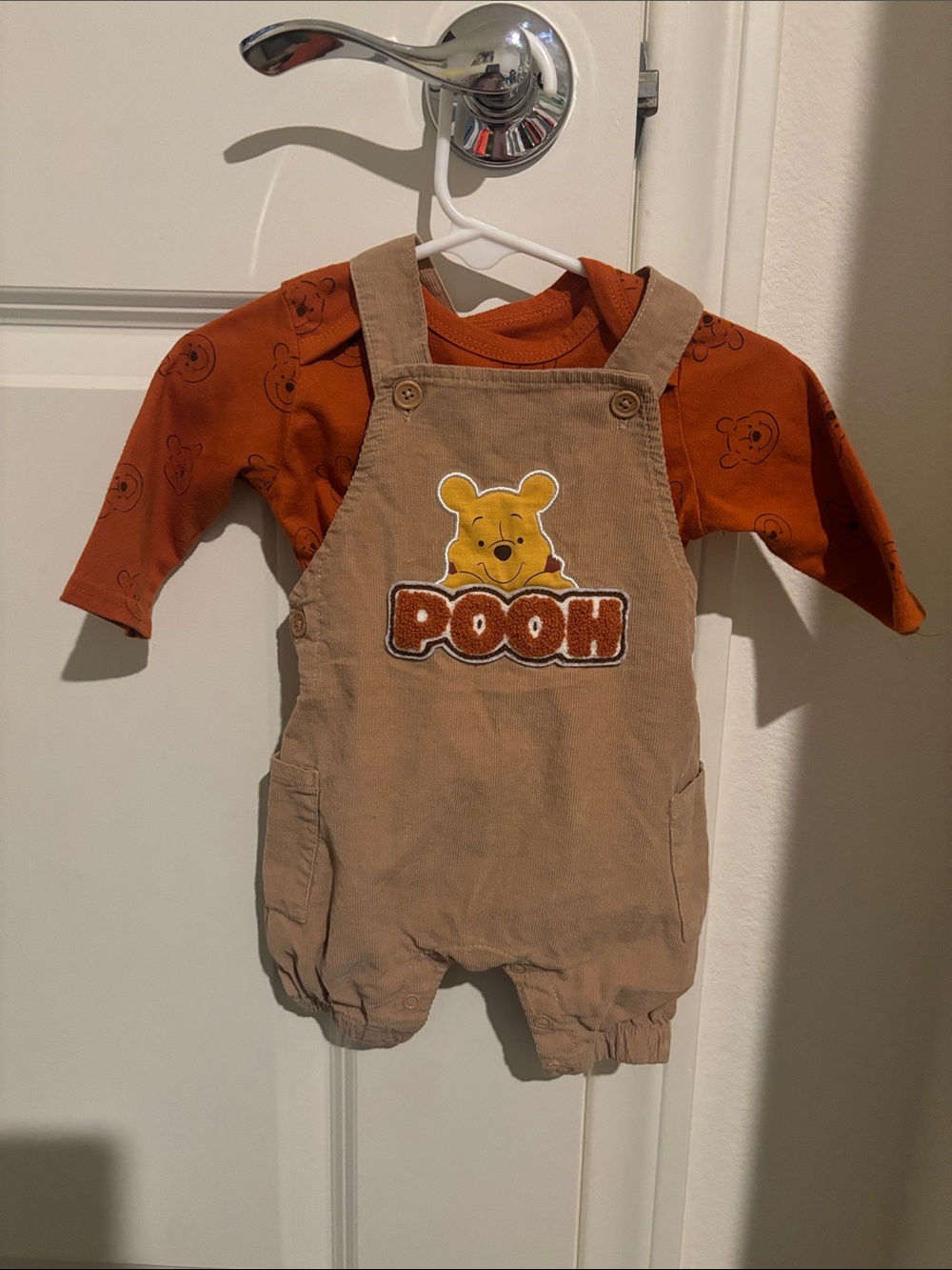 Disney Tan Corduroy Pooh Overalls with Orange Long-Sleeve Shirt